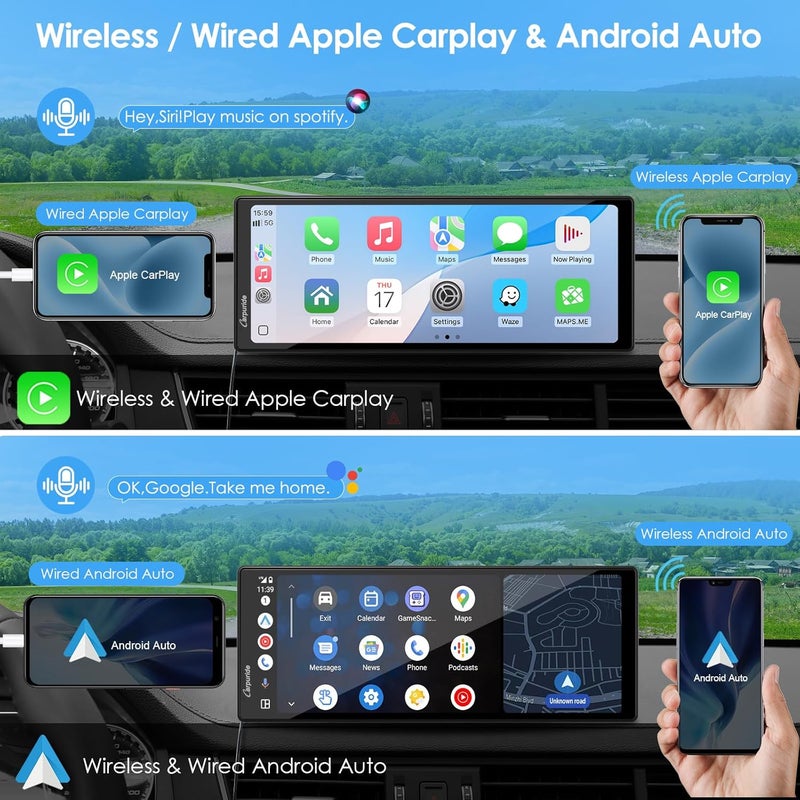Carpuride 10.26 Inch Wireless/Wired Apple CarPlay, Android Auto and Mirror Link - 1600 * 600 IPS Touch Screen Portable Car Stereo, Bluetooth Audio, Siri, Navigation Car Screen for All Vehicles - Image 2